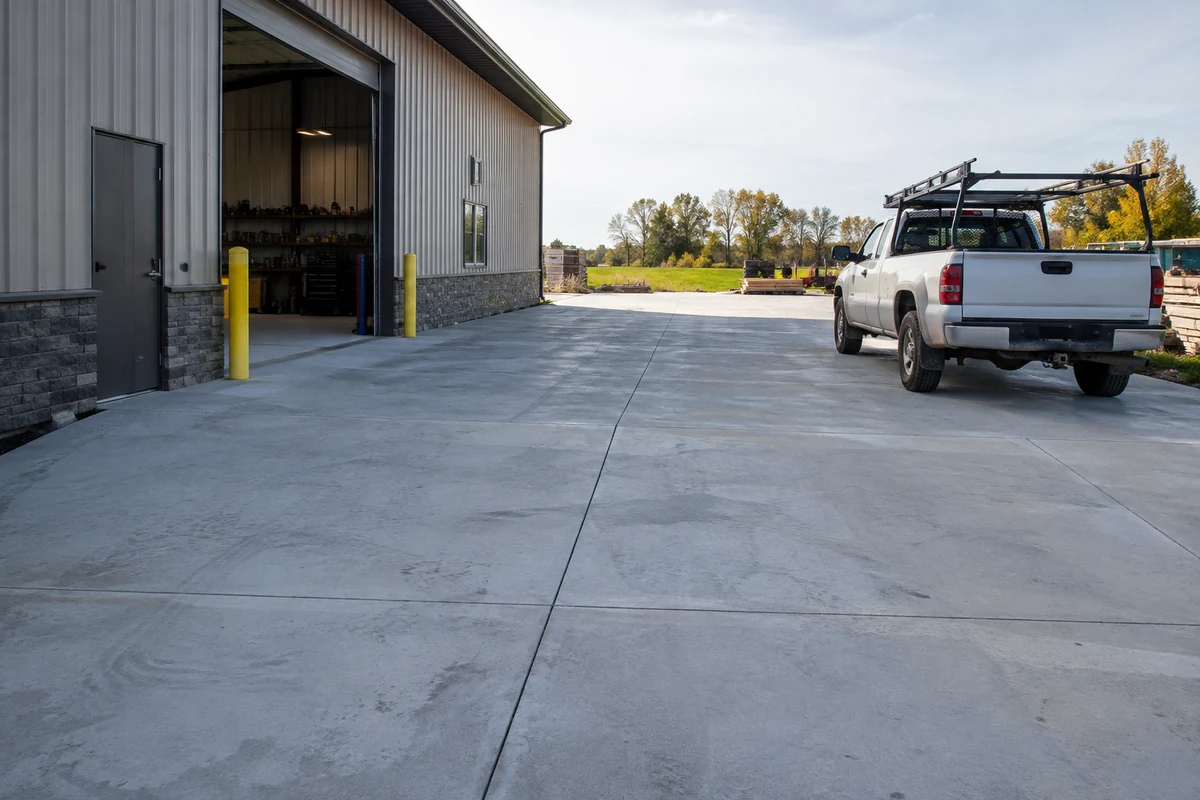 Broad commercial concrete access driveway beside a workshop with an unbranded work truck.