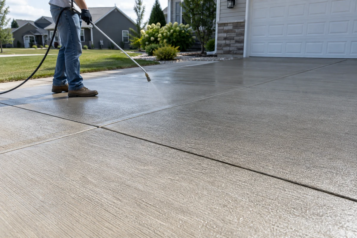 Worker spray-applying a clear protective treatment to a broom-finished concrete driveway.