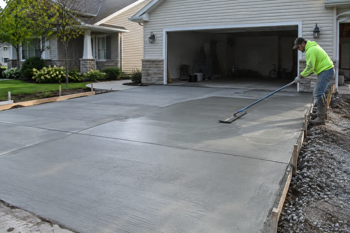 Formed driveway with compacted gravel base and a fresh concrete section being finished.