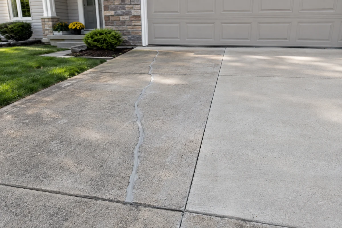 Driveway repair detail showing a restored panel and neatly sealed crack in older concrete.