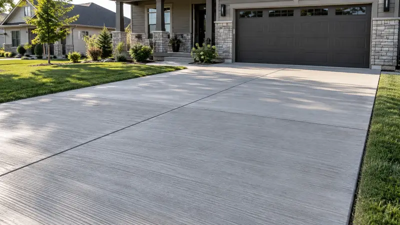 Finished concrete driveway with clearly visible fine parallel broom texture and straight control joints.