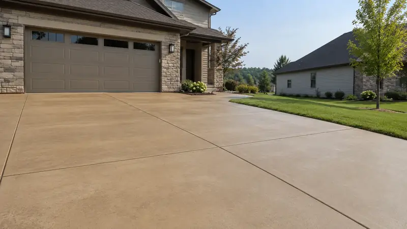 Warm muted integral tan concrete driveway with consistent color and precisely laid control joints.