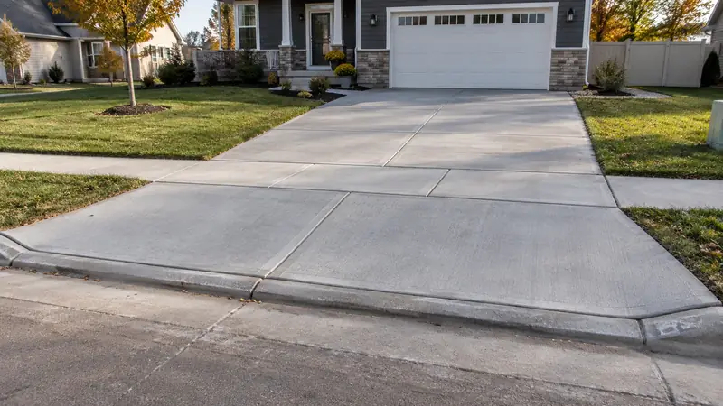 Finished flared concrete driveway apron connecting a residential driveway across a sidewalk to a street curb.