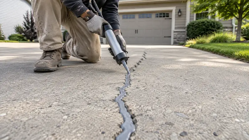 Gloved worker filling an irregular driveway crack with gray repair sealant.