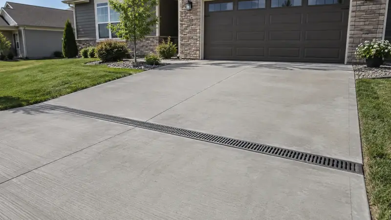 Flush trench drain crossing a gently sloped concrete driveway before the garage with graded lawn edges.