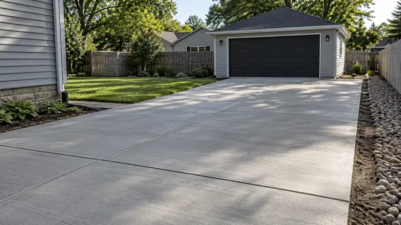 New concrete parking extension continuing beyond the end of an existing driveway toward a detached garage.