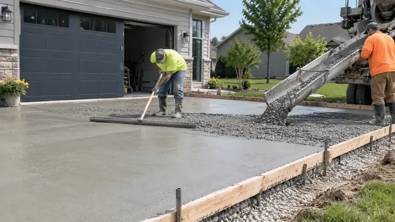 Fresh concrete being placed inside straight timber driveway forms over a compacted stone base beside an Iowa garage.