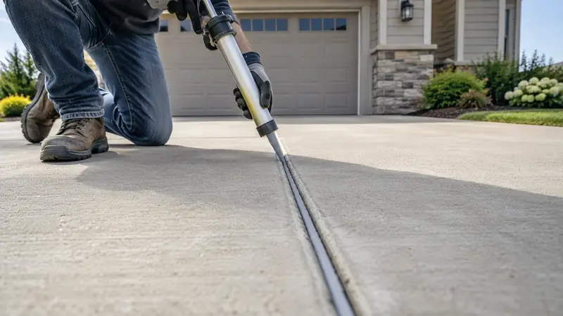 Gloved worker applying recessed gray sealant along a straight concrete driveway joint.