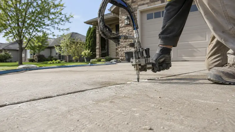 Worker injecting material through a small port to level a concrete driveway slab.