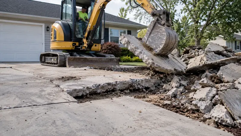 Compact excavator lifting broken driveway concrete into a rubble pile with straight saw-cut boundaries.