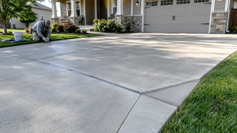 Residential driveway with a neatly repaired damaged corner and sealed cracks surrounded by sound original concrete.
