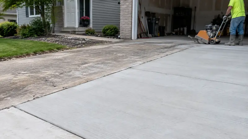 New pale concrete driveway panels meeting a remaining weathered section during a residential driveway replacement.