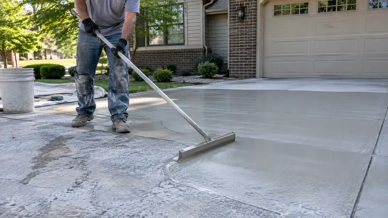Worker using a long-handled squeegee to spread a thin cementitious resurfacing overlay across a worn driveway.
