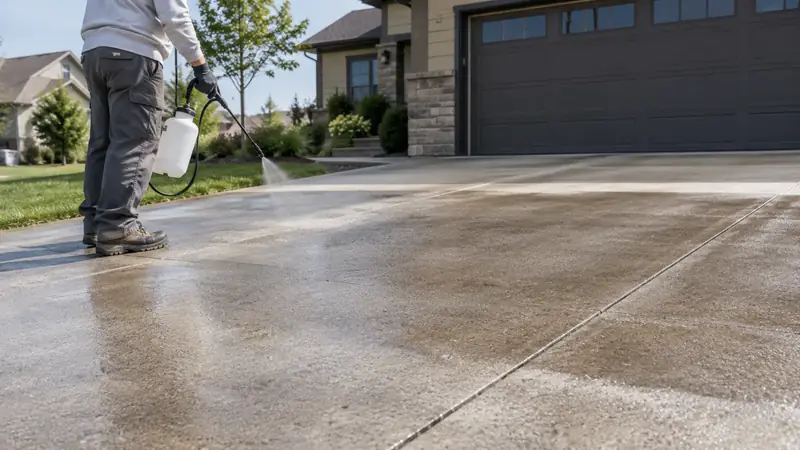 Worker applying clear penetrating sealer with an unbranded pump sprayer to a concrete driveway with subtle damp contrast.