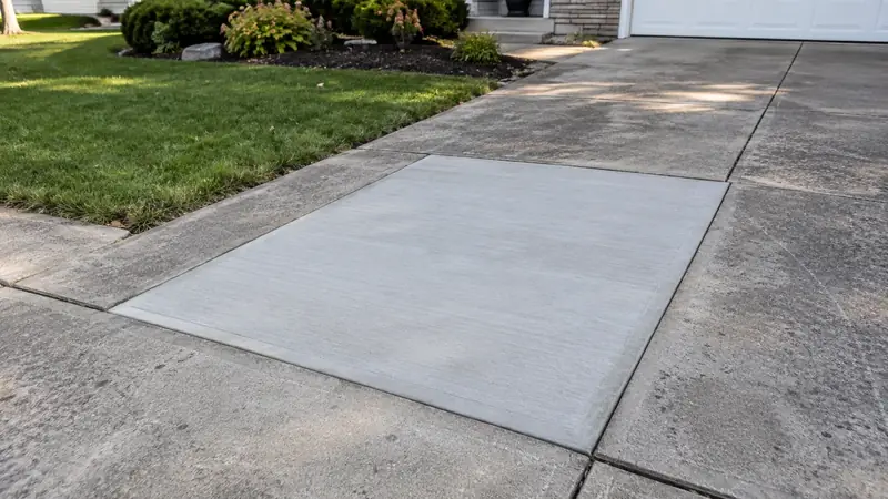 One freshly replaced rectangular concrete panel surrounded by weathered but intact driveway slabs.