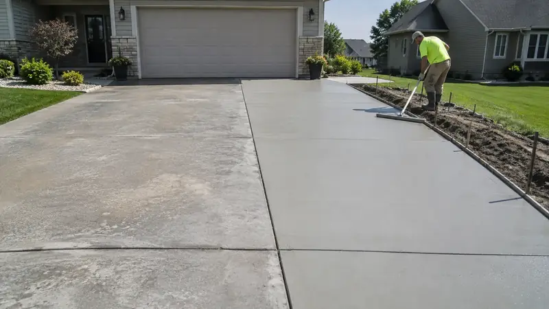 Fresh lateral concrete strip widening an older two-car driveway with a clear longitudinal joint.