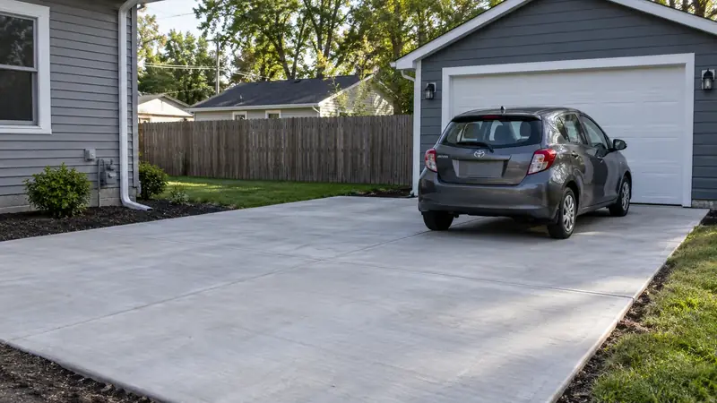 Clean rectangular concrete parking pad beside a detached residential garage with a compact car.