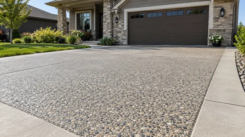 Concrete driveway with visible small rounded exposed aggregate stones and smooth concrete border.