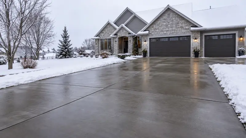 Upscale Iowa house in winter with a snow-free wet concrete driveway and snow-covered adjacent lawn and roof.