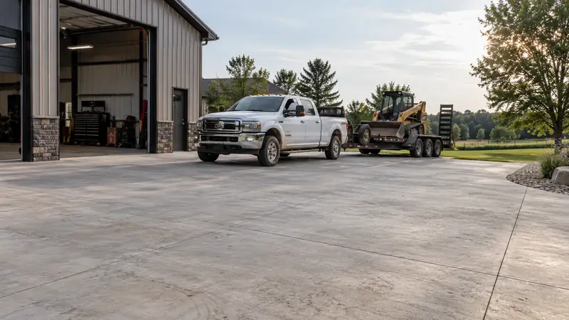 Broad concrete work driveway supporting an unbranded utility truck and equipment trailer beside a workshop.