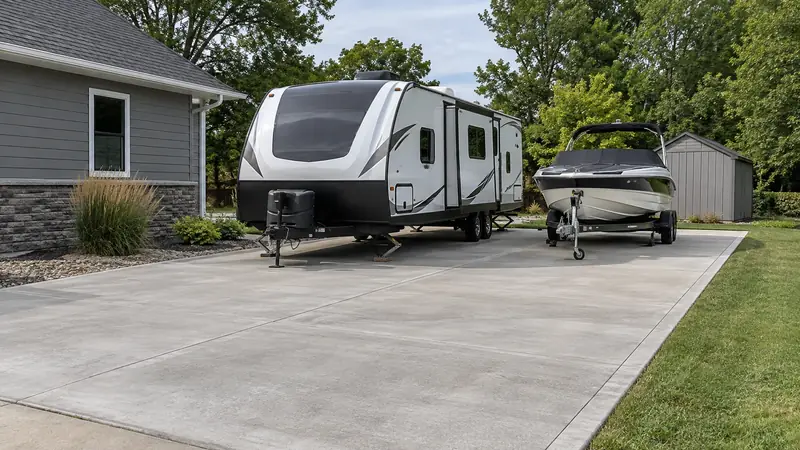 Long reinforced-looking concrete parking pad beside a house supporting an unbranded travel trailer and boat trailer.