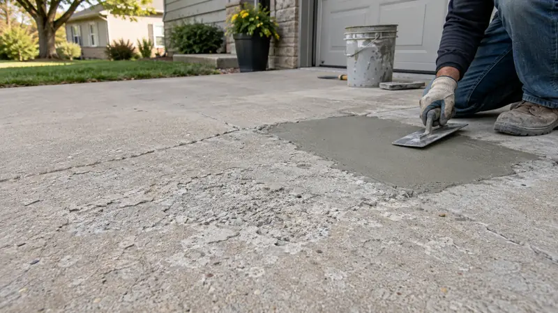 Close view of shallow surface scaling on a driveway beside a freshly repaired cementitious surface patch.