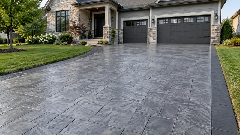 Upscale residential driveway with realistic ashlar slate stamped concrete and restrained charcoal border.