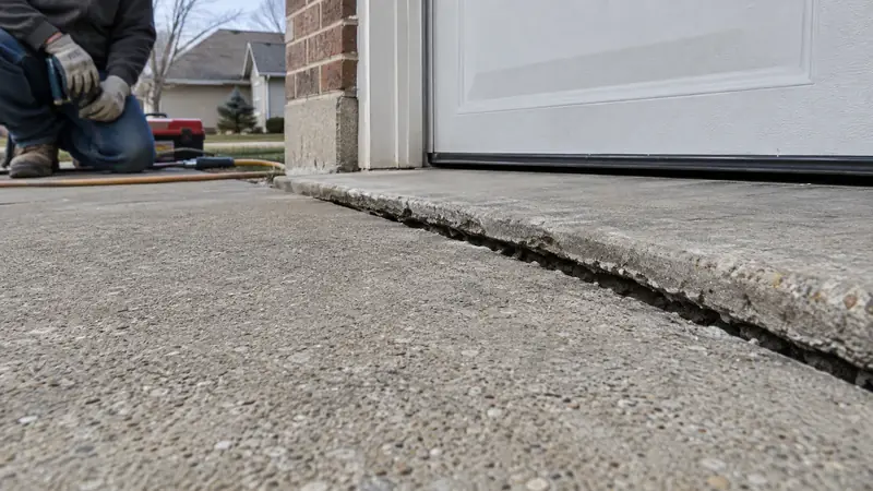 Settled concrete driveway panel below a garage threshold showing the visible vertical gap requiring repair.